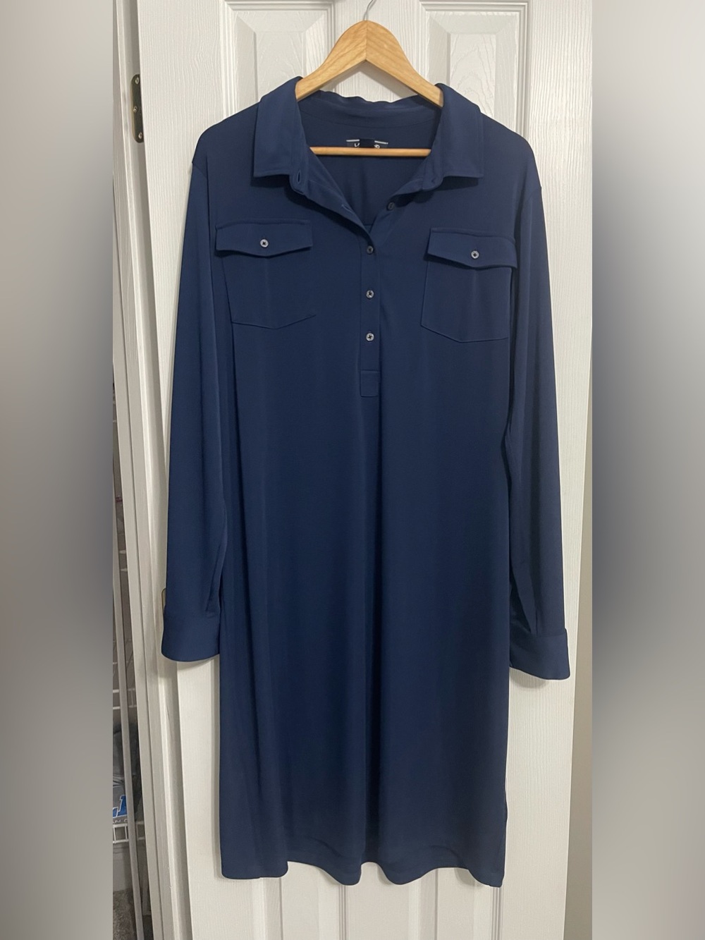 Women’s Lands' End Navy Long-Sleeve Button Dress - Picture 1 of 8